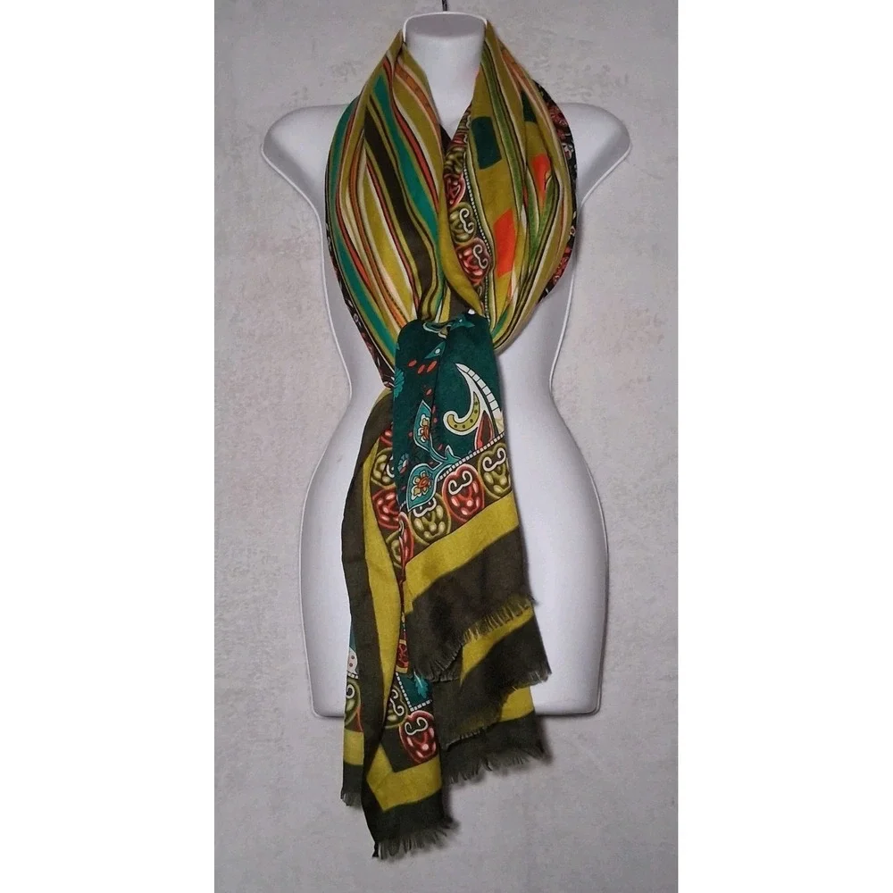 ASMI  70% Cashmere 30% Silk Paisley Vibrant Color Striped Wrap Scarf Shawl